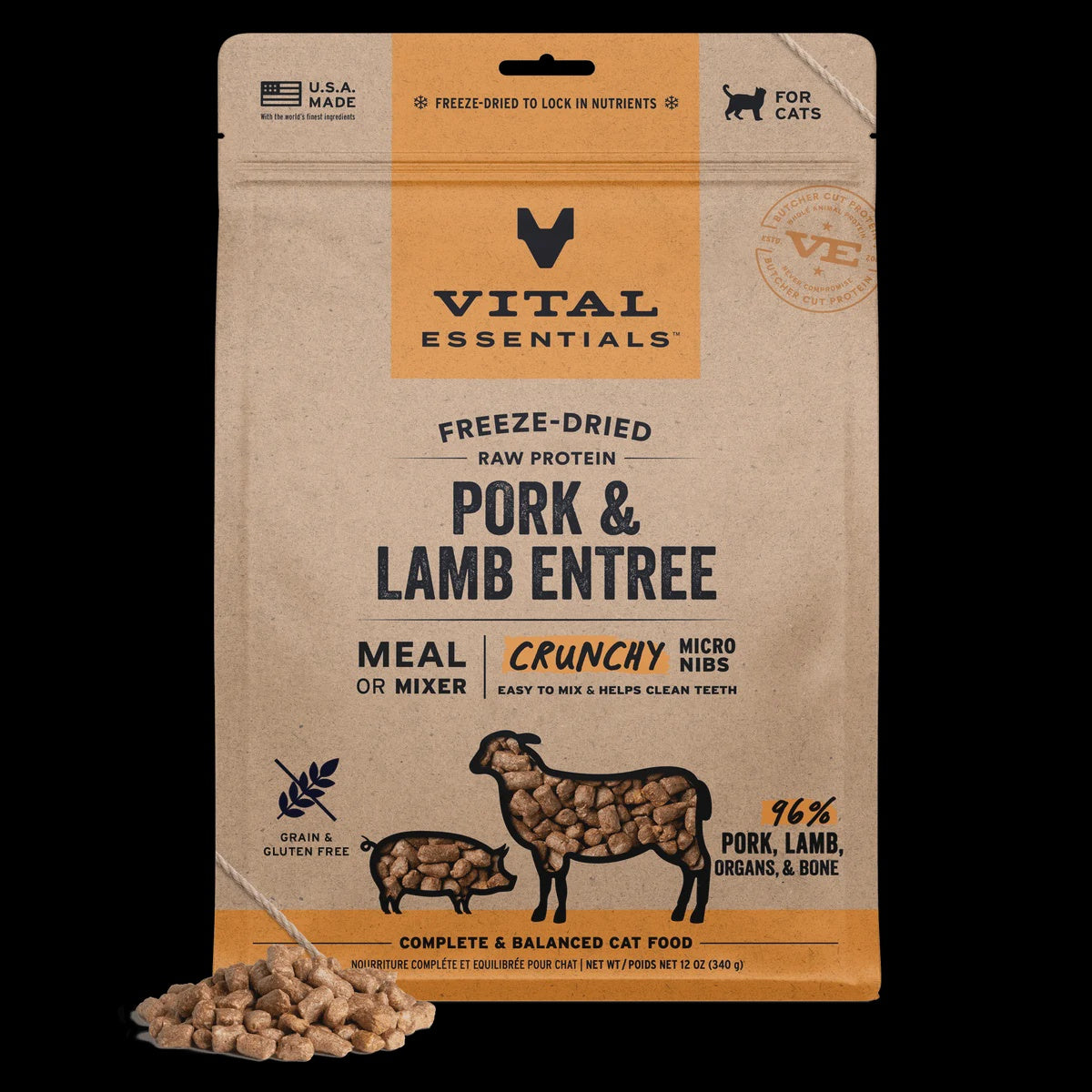 Vital Essentials Freeze-Dried Cat Crunchy Micro Nibs Pork & Lamb 12oz