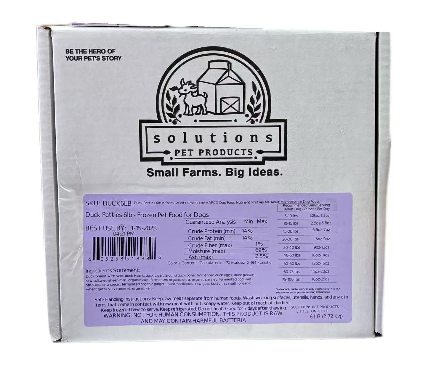 Solutions Pet Products Duck Recipe Frozen Raw Dog Food Patties 6lb