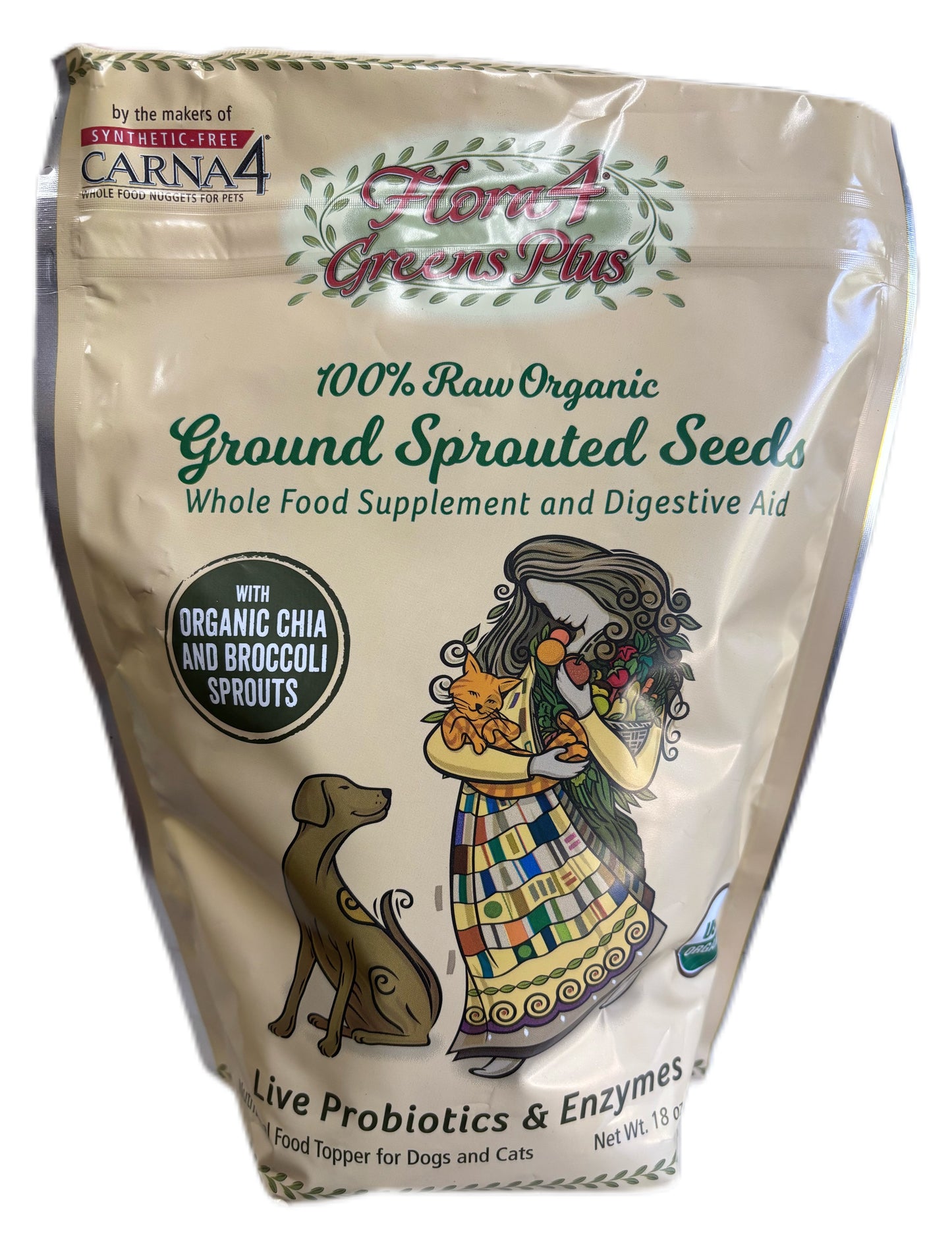 Carna4 Flora4 Greens Plus Ground Sprouted Seeds Food Topper For Dogs & Cats