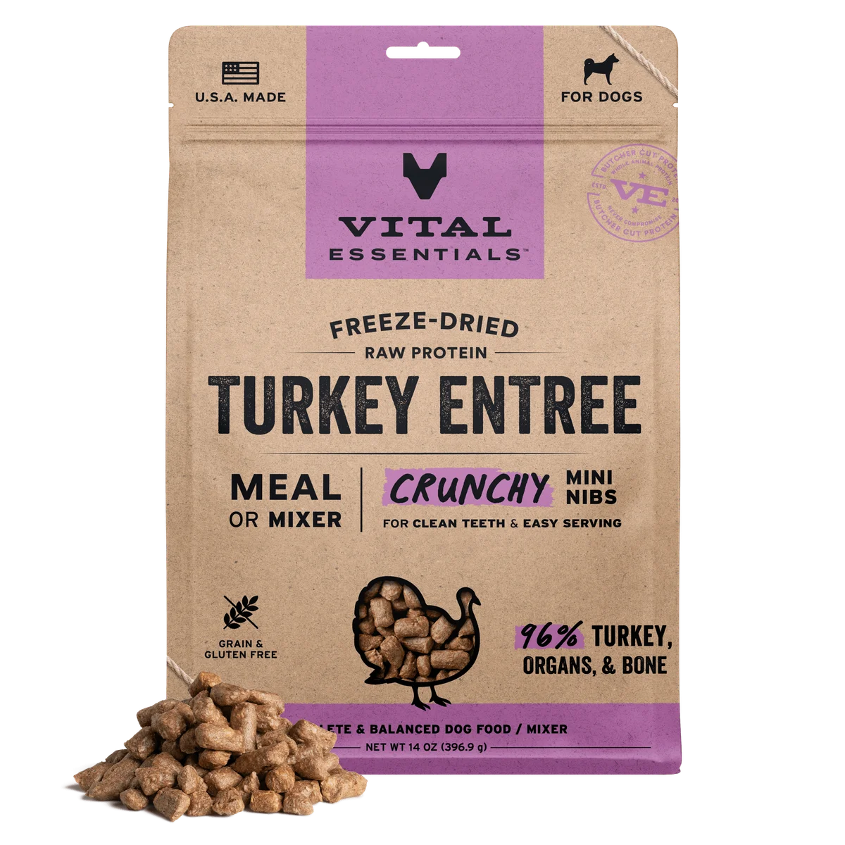Vital Essentials Freeze-Dried Raw Protein Turkey Crunchy Mini Nibs Dog Food 14oz